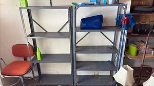 lot 51927 image: Wall-Mounted Garage Shelving Units  Contents Not Included  - Retail $75