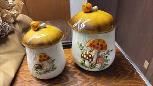 lot 51940 image: Ceramic Mushroom Kitchen Canister Set with Lids - Retail $25