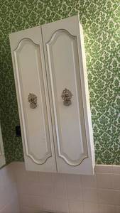 lot 51985 image: White Wall-Mount Bathroom Cabinet with Decorative Hardware  Must Remove - Retail $45
