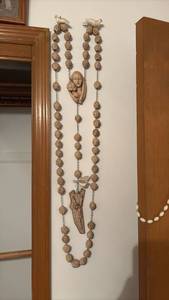 lot 51987 image: Large Wooden Rosary Wall Hanging with Madonna and Child Centerpiece - Retail $25