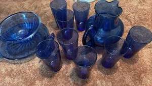 lot 52026 image: Cobalt Blue Glass Drinkware Set with Bowl and Pitcher - Retail $25
