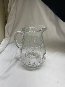 lot 619 image: Crystal Glass Water Pitcher with Floral Pattern - Manganese Glow under UV365nm