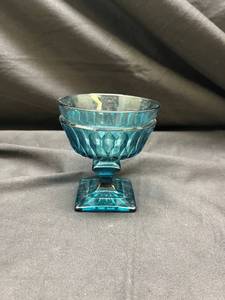 lot 621 image: Blue Glass Compote Bowl with Square Base - Manganese Glow under UV365nm