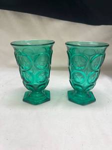 lot 663 image: Green Glass Footed Goblets with Circular Pattern