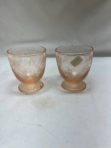 lot 673 image: Pink Depression Glass Footed Cups Set of 2