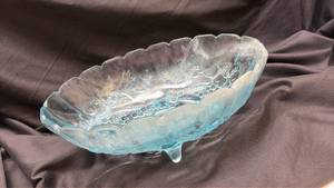 lot 626 image: Blue Opalescent Glass Three-Footed Bowl with Grape Pattern - Manganese Glow