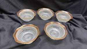 lot 628 image: Small Pressed Glass Bowls with Gold Rim Set of 5
