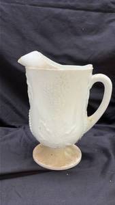 lot 631 image: White Milk Glass Grape Pattern Pitcher