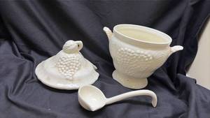 lot 635 image: White Ceramic Soup Tureen Set with Ladle and Grape Pattern