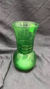 lot 683 image: Green Glass Hourglass Shaped Vase with Ribbed Neck