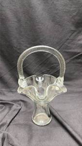 lot 697 image: Hand Blown Glass Basket with Ruffled Rim and Twisted Handle - Manganese Glow