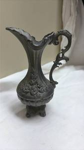 lot 733 image: Medium Pewter Decorative Ewer with Ornate Handle and Floral Design from Italy