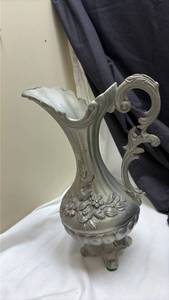 lot 736 image: Extra Large Ornate Pewter Ewer Vase with Floral Details. (No markings)