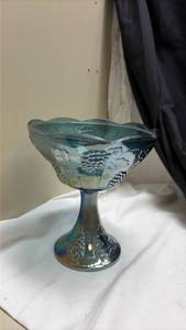 lot 741 image: Iridescent Blue Carnival Glass Compote with Grape Pattern - Might contain Uranium Glow