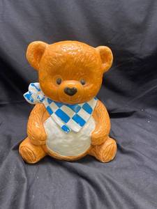 lot 758 image: Ceramic Teddy Bear Cookie Jar with Blue Checkered Scarf