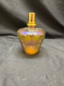 lot 773 image: Iridescent Carnival Glass Perfume Bottle with Gold Atomizer
