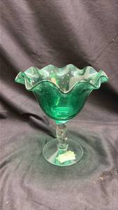 lot 791 image: Green Glass Ruffled Edge Compote Bowl
