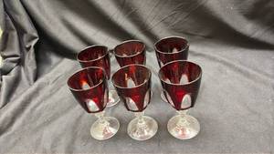 lot 797 image: Ruby Red Cut Crystal Wine Glasses Set of 6 (made in France)- Cadmium glow