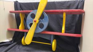 lot 800 image: Wooden Biplane Shelf with Red Wings and Yellow Propeller