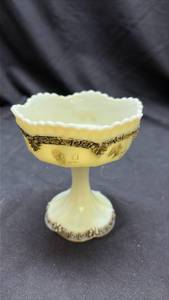 lot 801 image: Custard Glass Pedestal Compote Bowl with Greek Key Pattern - Possible Uranium Glaze