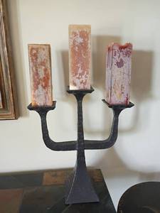 lot 909 image: Black Tin Candle Holder with 3 Candles. 27.5in. tall