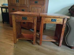 lot 923 image: 2 Side Tables.  Have Cedar Drawers.  One drawer each.  One drawer needs cleaned .  See pictures.  26 x 21 x 19.  Matches lots 921 and 922