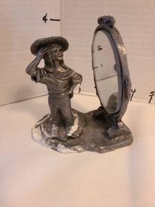 lot 1030 image: Pewter Figurine with Mirror Stand Woman in Hat, numbered 5621000