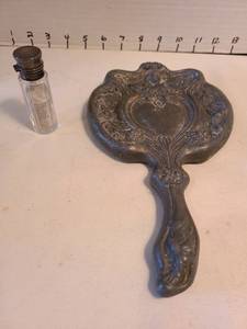 lot 1034 image: Ornate Hand Mirror with Hinged Glass Bottle