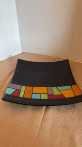 lot 1101 image: Black Glass Square Serving Plate with Colorful Mosaic Border