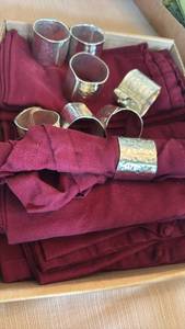 lot 1112 image: Silver Plated Napkin Rings Set with Burgundy Cloth Napkins