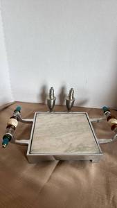 lot 1116 image: IHI South Coast beaded marble cheese board tray with a white marble center and weighted pewter salt and pepper shakers