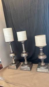 lot 1121 image: Metal Pillar Candle Holders Set with Square Base tallest is 19 inches
