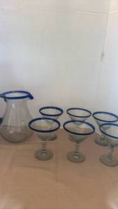 lot 1123 image: Hand Blown Glass Margarita Set with Pitcher and Blue Rim Glasses