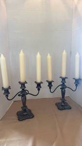lot 1127 image: Pair of Ornate Metal Candelabras with Decorative Base 18 inches tall