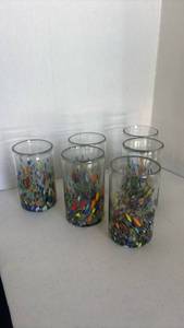 lot 1203 image: MexHandcraft clear and confetti hand-blown drinking glasses. Qty 6