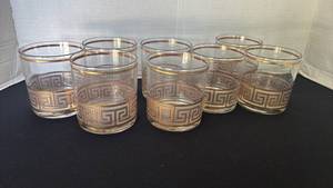 lot 1207 image: Mid-Century Gold Greek Key Pattern Cocktail Glasses Set