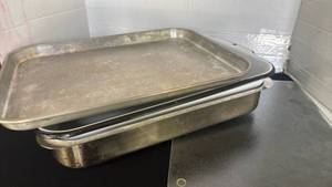 lot 1216 image: Stainless Steel and Enamel Baking Dish with Cutting Board