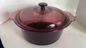 lot 1223 image: Cranberry Dutch Oven with lid by Corning