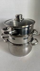 lot 1229 image: DANSK Stainless Steel Steam Cooker Set with Glass Lid