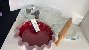lot 1231 image: Pie Crust Shield Baking Set with Rolling Pin and Glass Pie Dishes