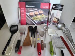 lot 1259 image: Chefmate stainless steel barbecue topper, and kitchen utensils.