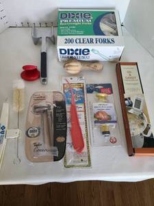 lot 1265 image: Meet mallet, thermometers, plastic forks, more.