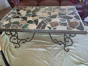 lot 901 image: Coffee Table.  Wrought Iron Base with Stone Inlay.   20 x 44 x 31