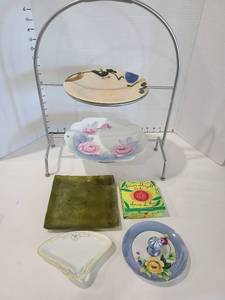 lot 1287 image: Floral China Serving Pieces with Metal Tiered Stand