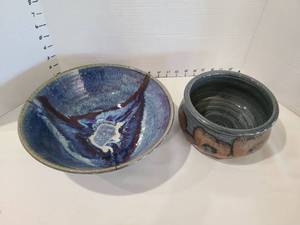 lot 1290 image: Handmade Ceramic Bowl Set - Blue Glazed Large Bowl and Small Decorative Bowl
