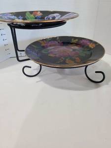 lot 1293 image: MacKenzie-Childs Floral Pattern Two-Tier Serving Stand with Black Iron Frame