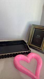 lot 1528 image: Home Decor Bundle with Black Decorative Tray, Roma Moulding Picture Frame and Pink foam Heart Decoration