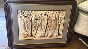 lot 1533 image: Framed Winter Forest Scene with Cardinals 23x29