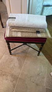 lot 1535 image: Traditional Wooden Footstool with Red Velvet Cushion  18x22x17 stained and Bath Rugs