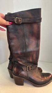 lot 1554 image: Frye Womens Tall Brown Leather Boots with Buckle Details size 8.5